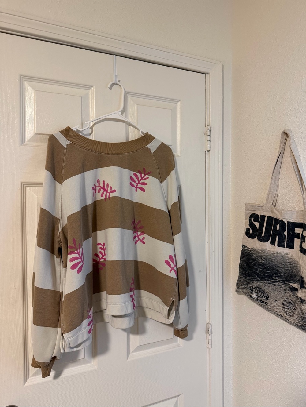 Striped Brown & White Sweater with Custom Pink Leaf Print
